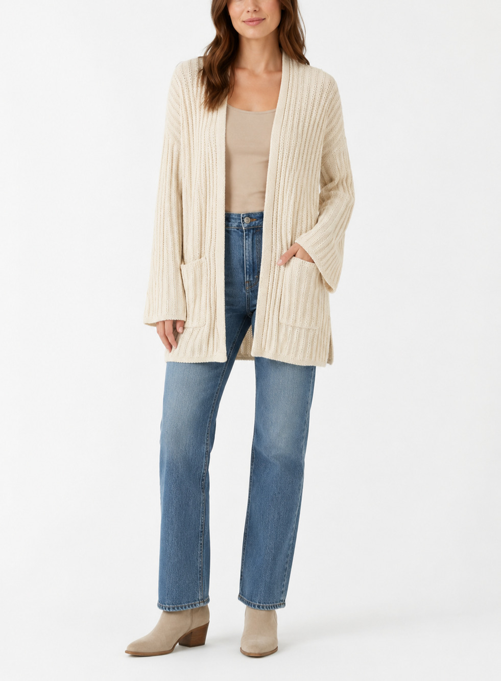 American Eagle Womens S Cream Ribbed Open Front Cardigan Bell Sleeve Pockets